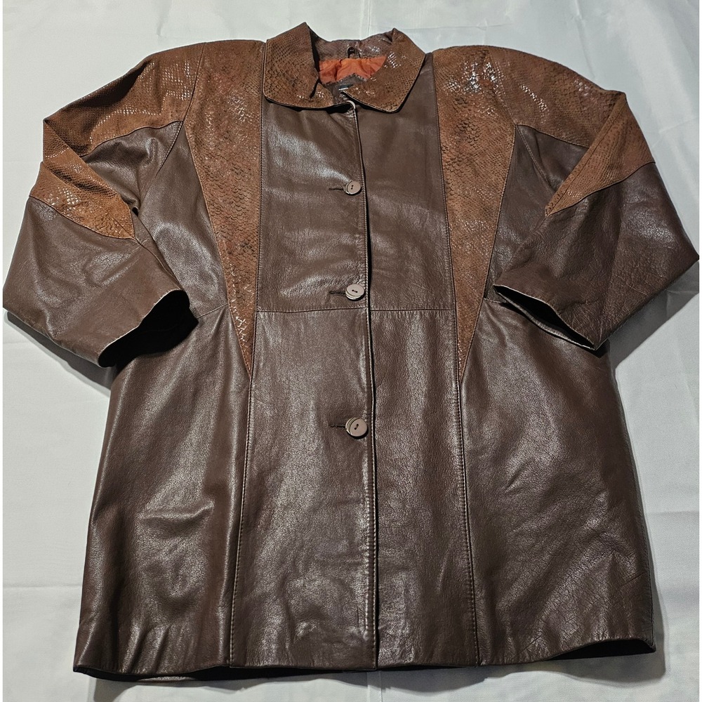 Vintage Pelle‎ Brown Leather Snakeskin Embossed Patchwork Coat Jacket Womens Med